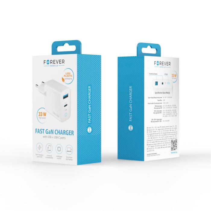 Forever - Forever GaN Väggladdare 1x USB-C 1x USB 33W TC-06-33AC - Vit