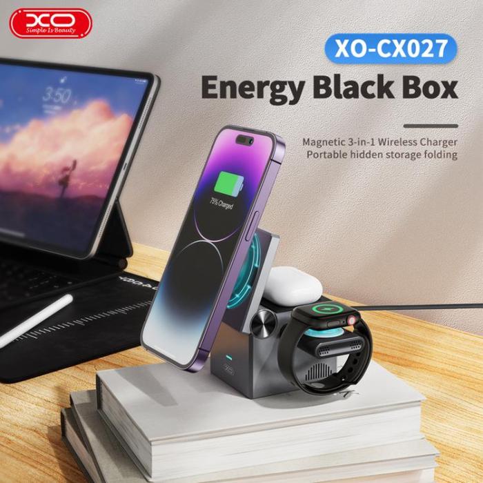 XO - XO 3-in-1 Trådlös Laddare Magnetisk 15W Qi2 CX027 - Svart