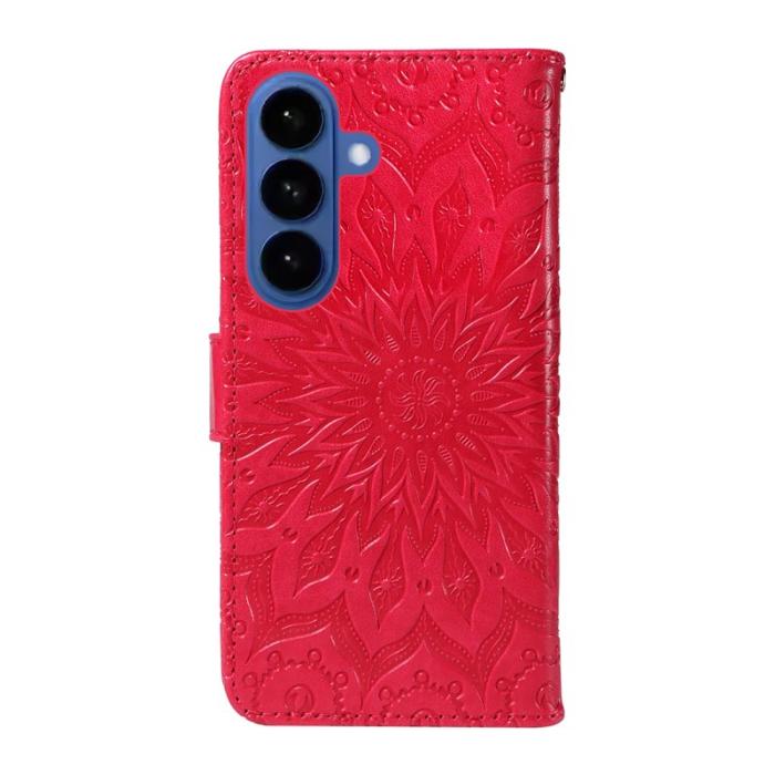 OEM - Samsung Galaxy S26 Plus Plånboksfodral Konstläder Solrosmönster - Röd