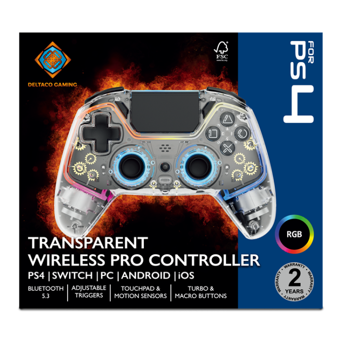 UTGATT1 - Deltaco Gaming Trådlös Controller PS4 - RGB/Transparent