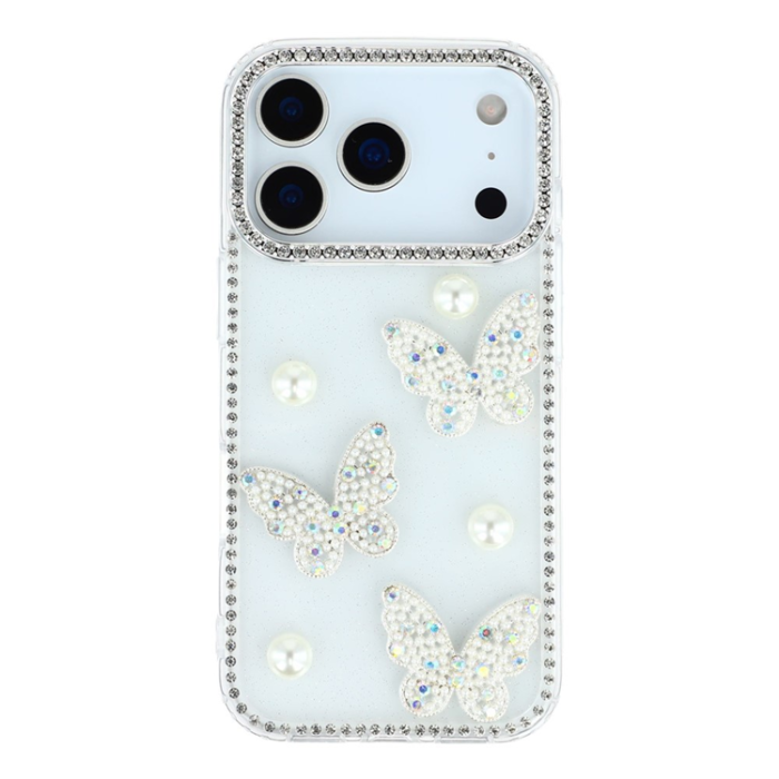 A-One Brand - iPhone 17 Pro Max Mobilskal Rhinestone Edge Pearl Butterfly
