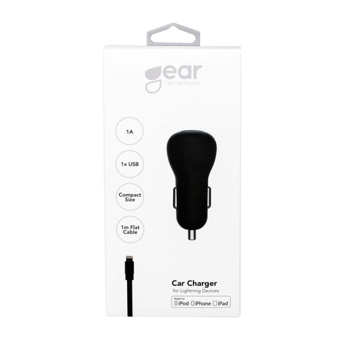 GEAR - GEAR Laddare 12-24V 1xUSB 1A Lightning Kabel platt 1m MFI - Svart