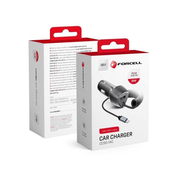 Forcell - Forcell Billaddare USB 18W Till Typ-C Kabel 20W - Svart