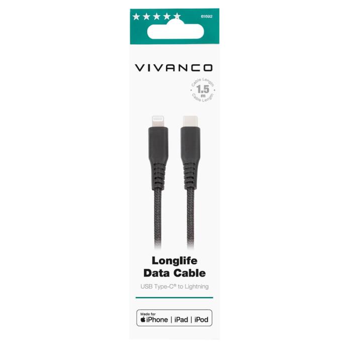 UTGATT1 - Vivanco Longlife USB-C/Lightning kabel MFI 1.5m - Svart