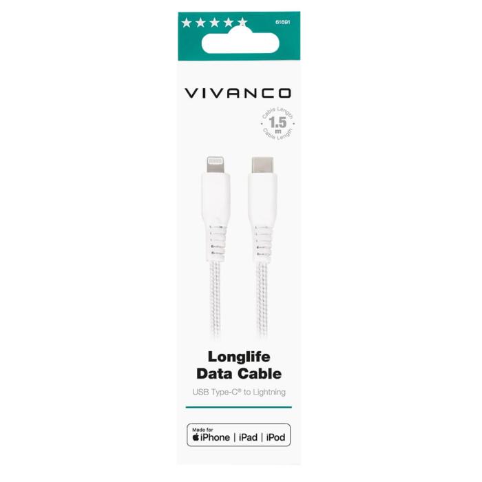 UTGATT1 - Vivanco Longlife USB-C/Lightning kabel MFI 1.5m - Vit