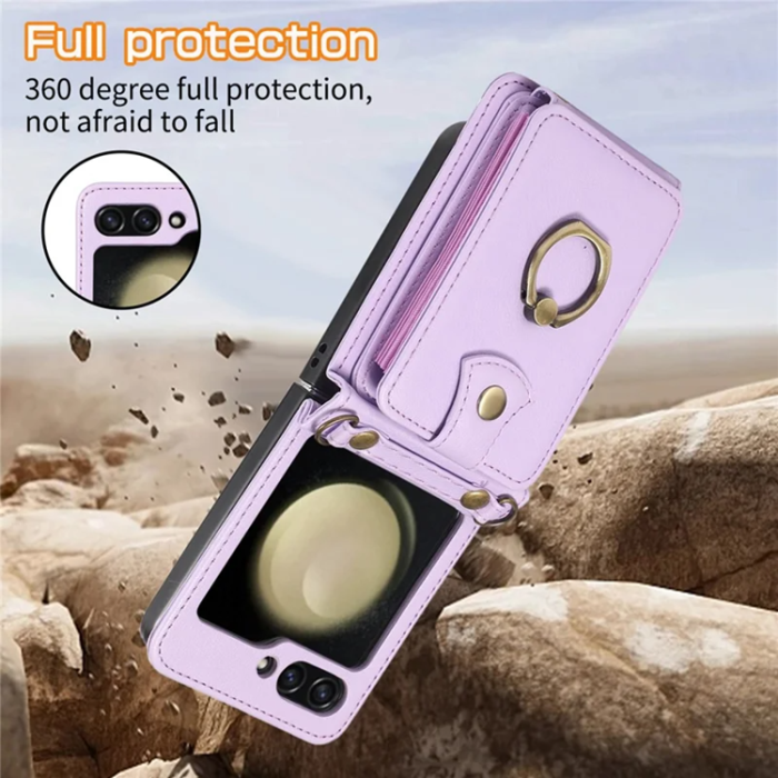 A-One Brand - Galaxy Z Flip7 Plånboksfodral Ring Kickstand med Lång rem - Lila