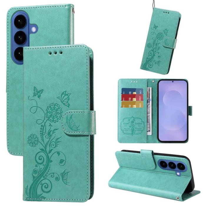 OEM - Samsung Galaxy S26 Plus Plånboksfodral Konstläder Blomtryck Ställ - Grön