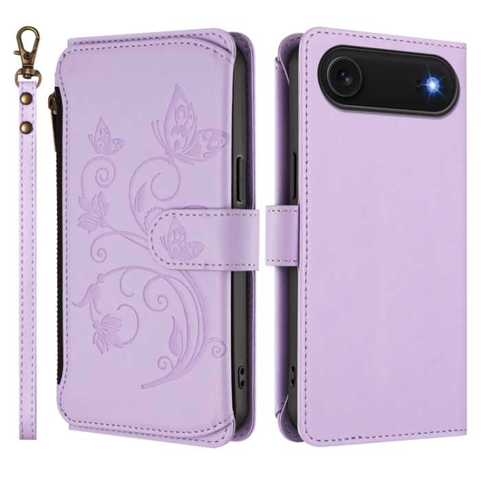 A-One Brand - iPhone 17 Air Plånboksfodral Butterfly Floral Imprint - Ljuslila