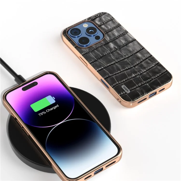 ABEEL - ABEEL iPhone 16 Pro Max Mobilskal Äkta läder Crocodile - Svart