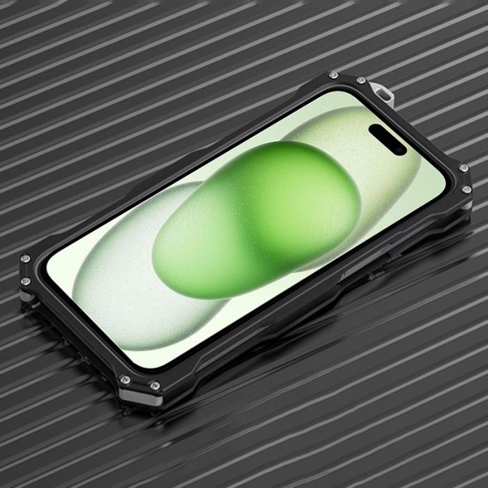 R-JUST - R-JUST Mobilskal till iPhone 15 Metall Hål Design Stöttålig Svart