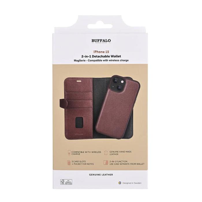 BUFFALO - BUFFALO äkta läder iPhone 15 Plånboksfodral 3 Kort Magsafe - Brun