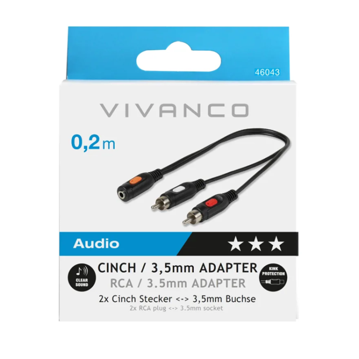 UTGATT1 - Vivanco Audio Adapter 1×3,5mm hona 2xRCA/hane 0,2m - Svart