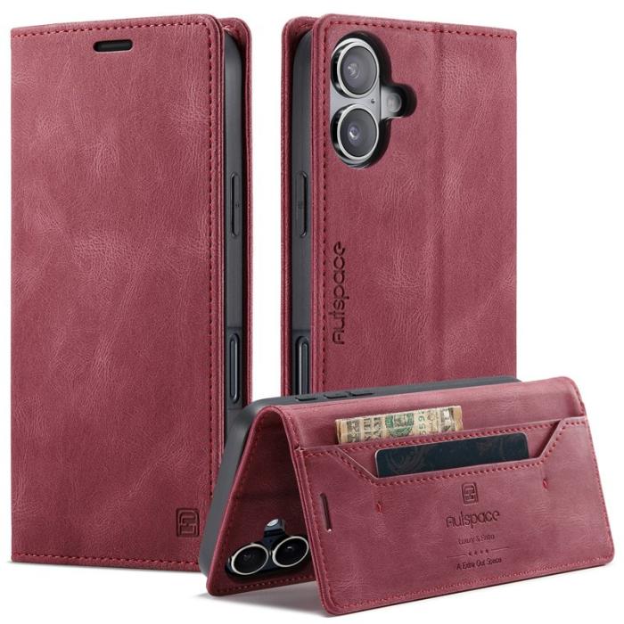 AUTSPACE - AUTSPACE iPhone 16 Plus Wallet Fodral KonstLäder - Röd
