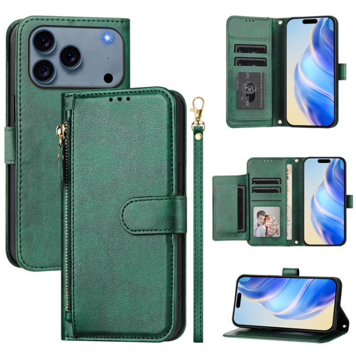 A-One Brand - iPhone 17 Pro Plånboksfodral Zipper Pocket Läder - Grön