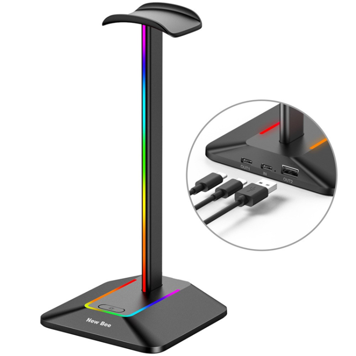A-One Brand - NEW BEE RGB-Ljus Hörlursställ med USB, Typ-C Expansionshub Z8 - Svart