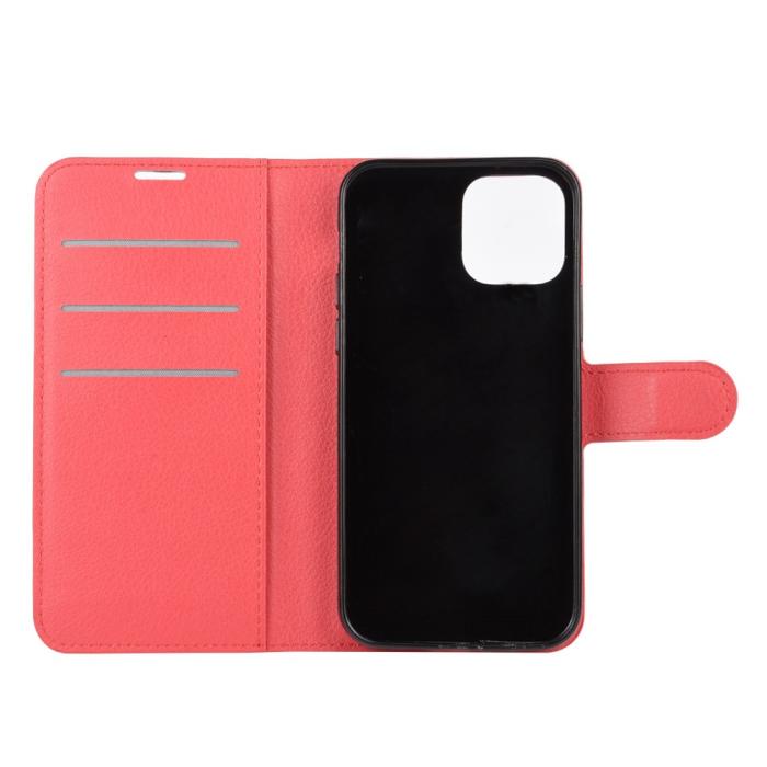 OEM - Litchi Läder Plånboksfodral iPhone 12 Mini - Röd