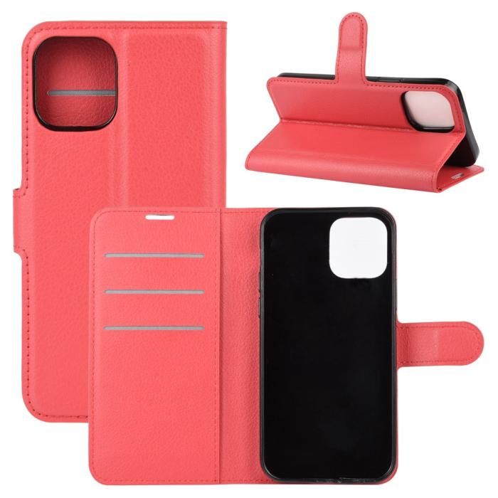 OEM - Litchi Läder Plånboksfodral iPhone 12 Mini - Röd