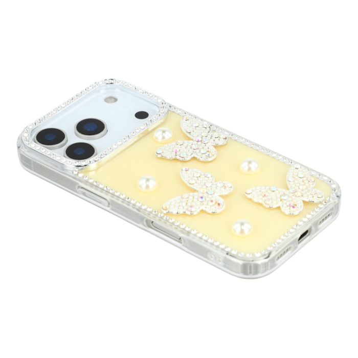 A-One Brand - iPhone 17 Pro Max Mobilskal Rhinestone Edge Pearl Butterfly