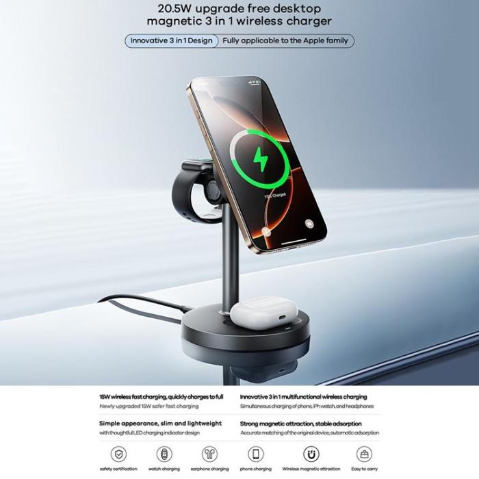 Remax - REMAX Magnetisk 20.5W Trådlös Laddare iPhone, Apple Watch, Airpods CW01