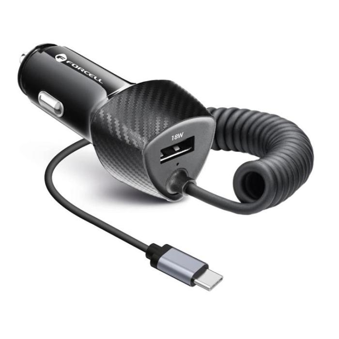 Forcell - Forcell Billaddare USB 18W Till Typ-C Kabel 20W - Svart