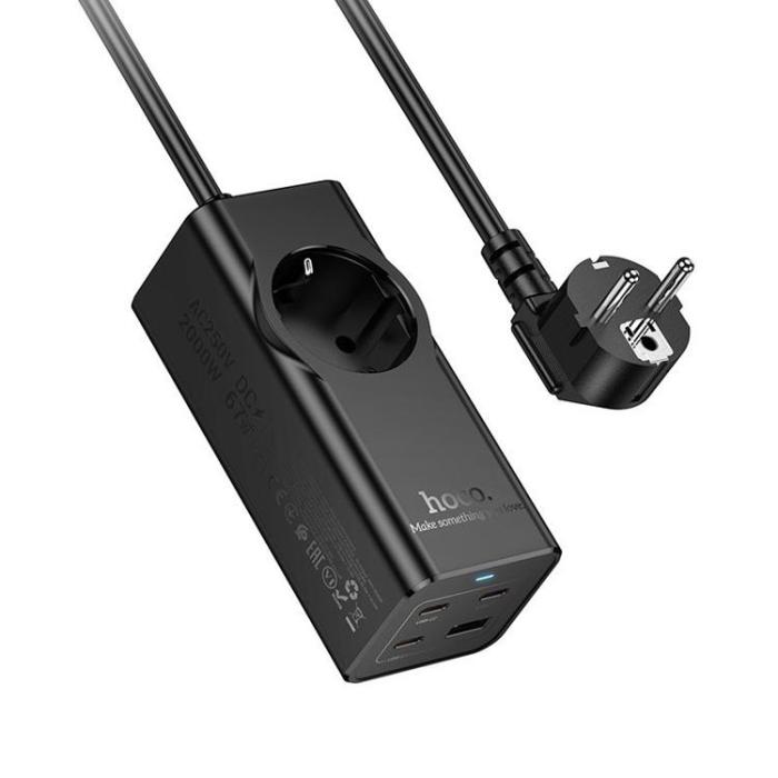 Hoco - Hoco Förlängningssladd 67W 1 uttag 3xTyp-C 1xUSB-A PD QC3.0 3A 2m - Svart