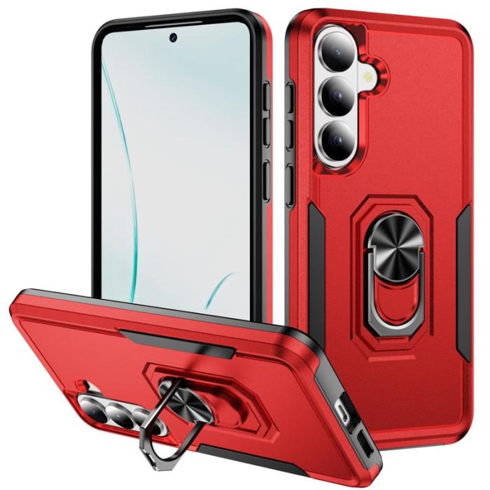 OEM - Mobilskal för Samsung Galaxy S26 Plus Militärklass Ring Kickstand Röd och Svart
