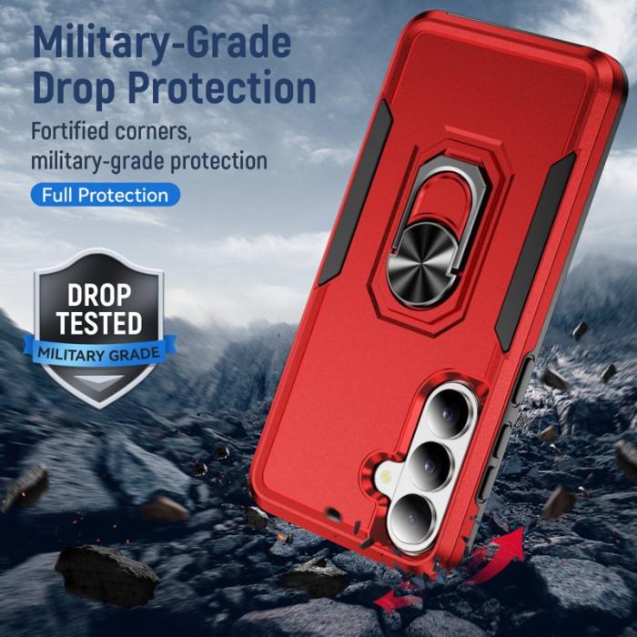 OEM - Mobilskal för Samsung Galaxy S26 Plus Militärklass Ring Kickstand Röd och Svart