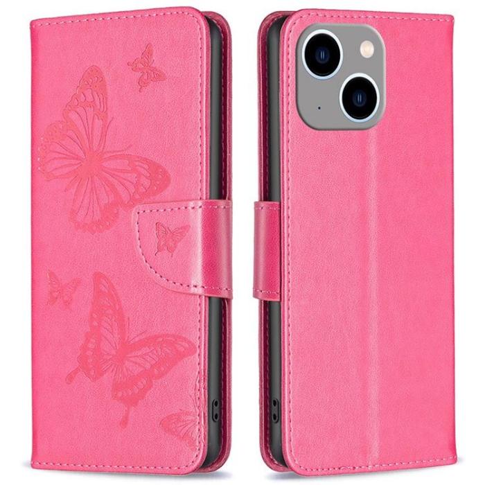 OEM - iPhone 14 Plus Plånboksfodral Butterfly Imprinted - Magenta