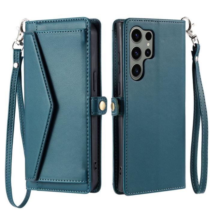 OEM - Samsung Galaxy S26 Ultra Fodral Äkta Läder Med Handrem - Svartgrön