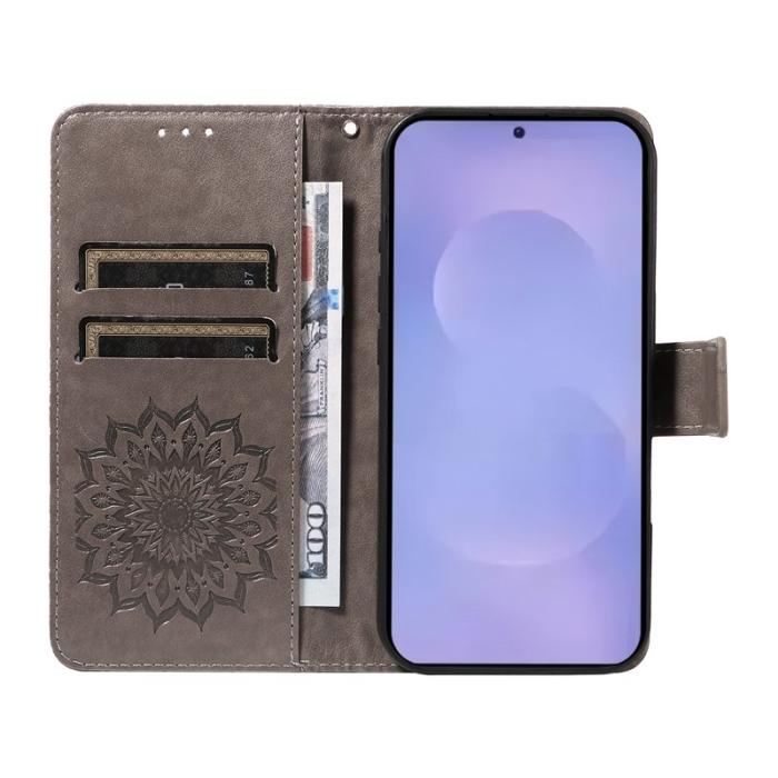 OEM - Samsung Galaxy S26 Plus Plånboksfodral Konstläder Solrosprägling - Grå