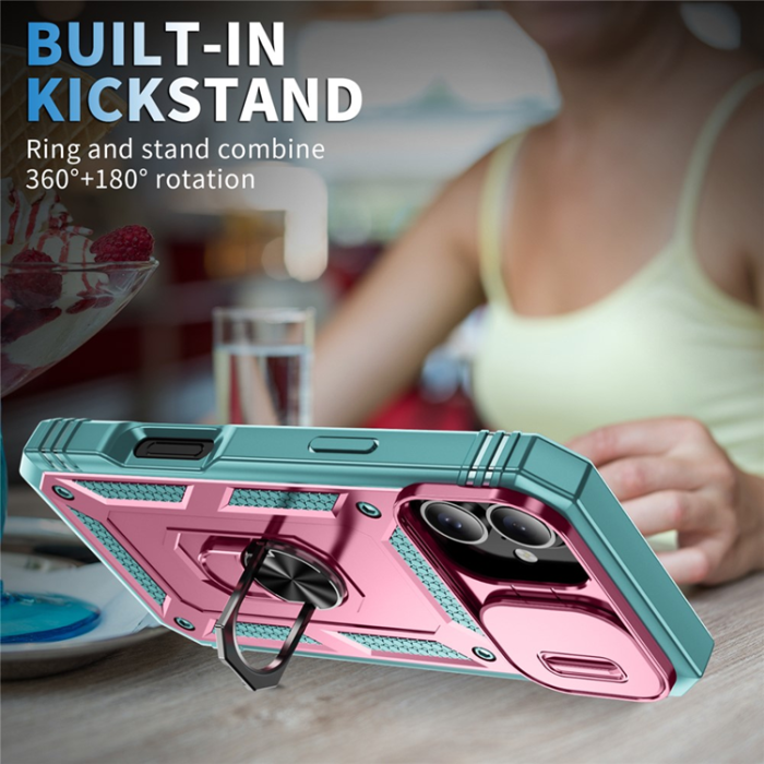 A-One Brand - iPhone 17 Mobilskal Slide Camshield Kickstand - Rosa/Grön