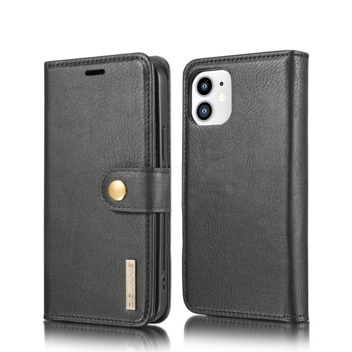 UTGATT1 - DG.MING Detachable Äkta Läder Plånboksfodral iPhone 12 Mini - Svart
