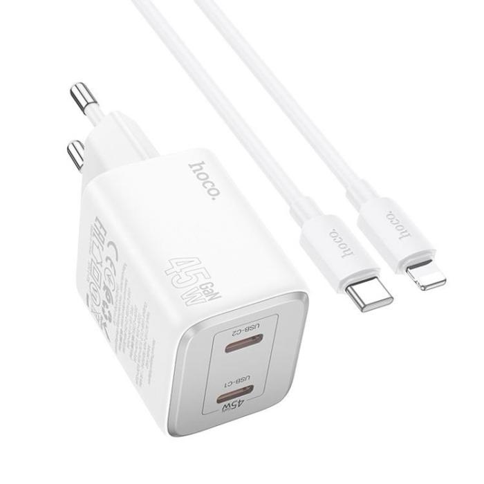 Hoco - Hoco Väggladdare 2xUSB-C 45W + Lightning Kabel GaN N42 - Vit