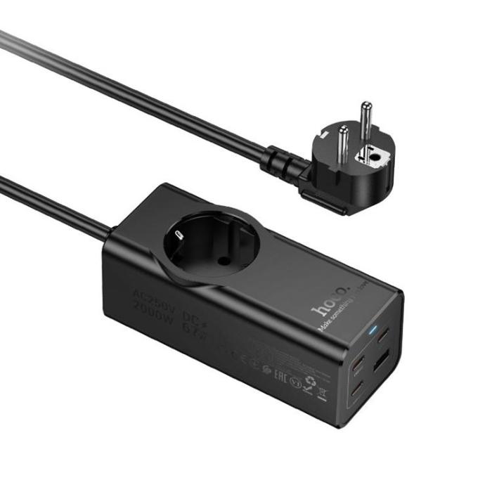 Hoco - Hoco Förlängningssladd 67W 1 uttag 3xTyp-C 1xUSB-A PD QC3.0 3A 2m - Svart