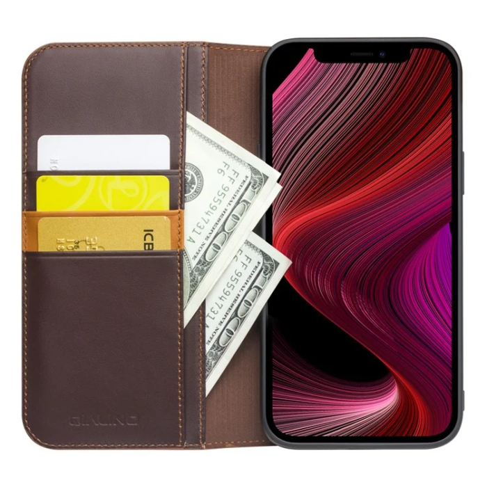 QIALINO - Qialino iPhone 13 Plånboksfodral Äkta läder - Brun