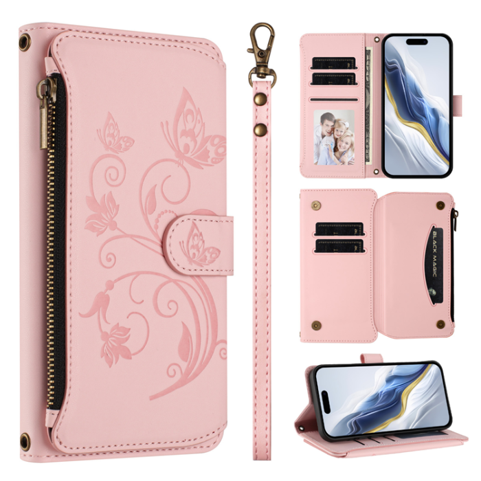 A-One Brand - iPhone 17 Pro Max Plånboksfodral Butterfly Floral Imprint - Rosa