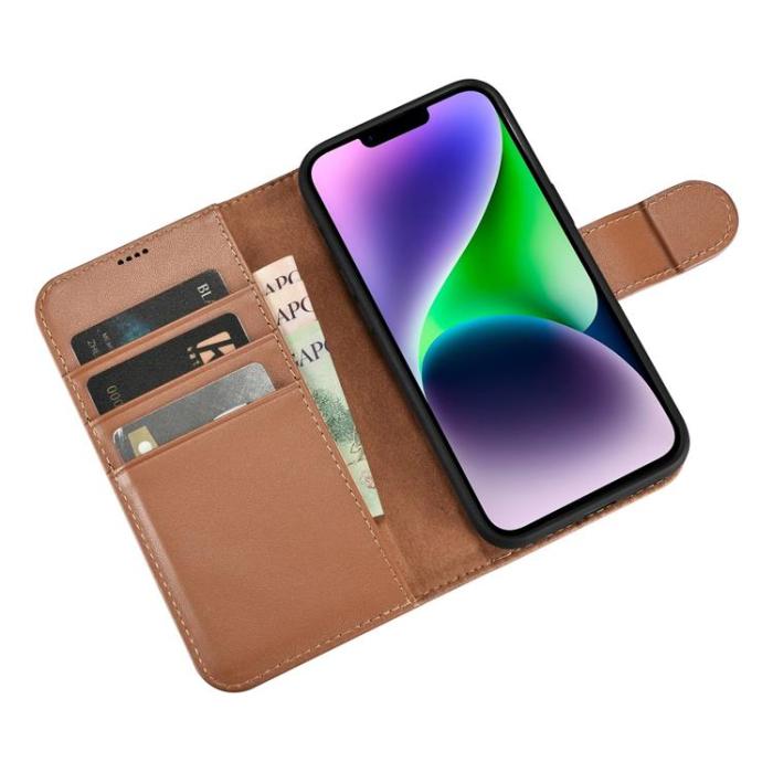 ICARER - iCarer iPhone 14 Plånboksfodral 2in1 Äkta Läder - Brun