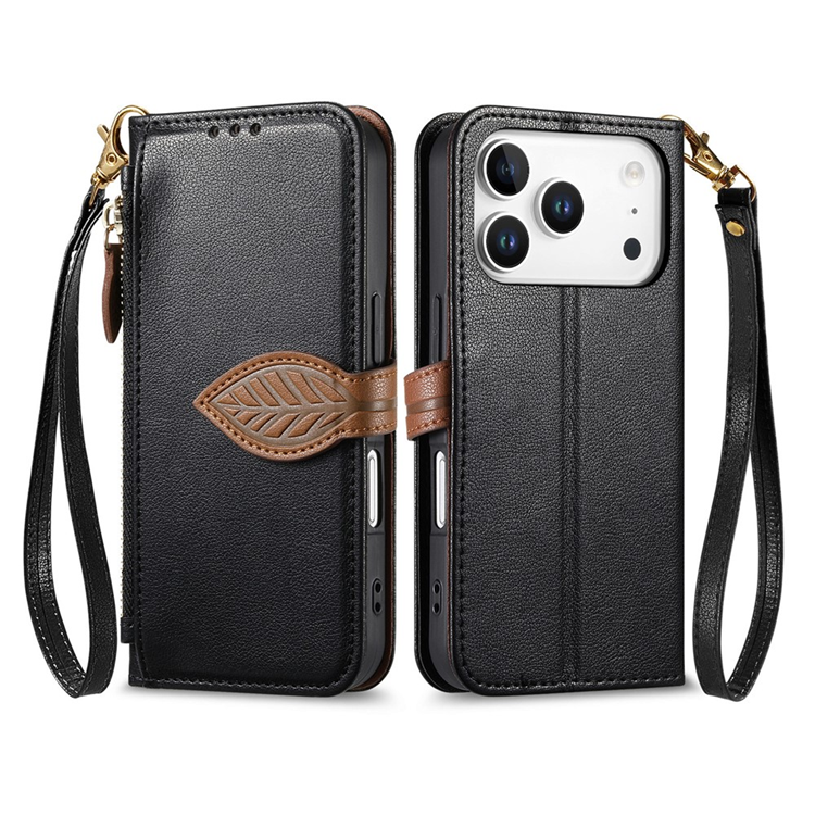 iPhone 17 Pro Plånboksfodral Leaf Magnetiskt Spänne Konstläder (Svart) | 2353 | AlltMobil