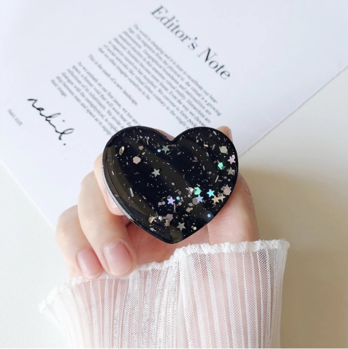 A-One Brand - Heart Glitter Mobilhållare / Mobilgrepp - Svart