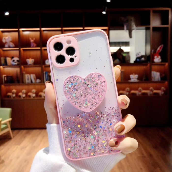 A-One Brand - Heart Glitter Mobilhållare / Mobilgrepp - Rosa