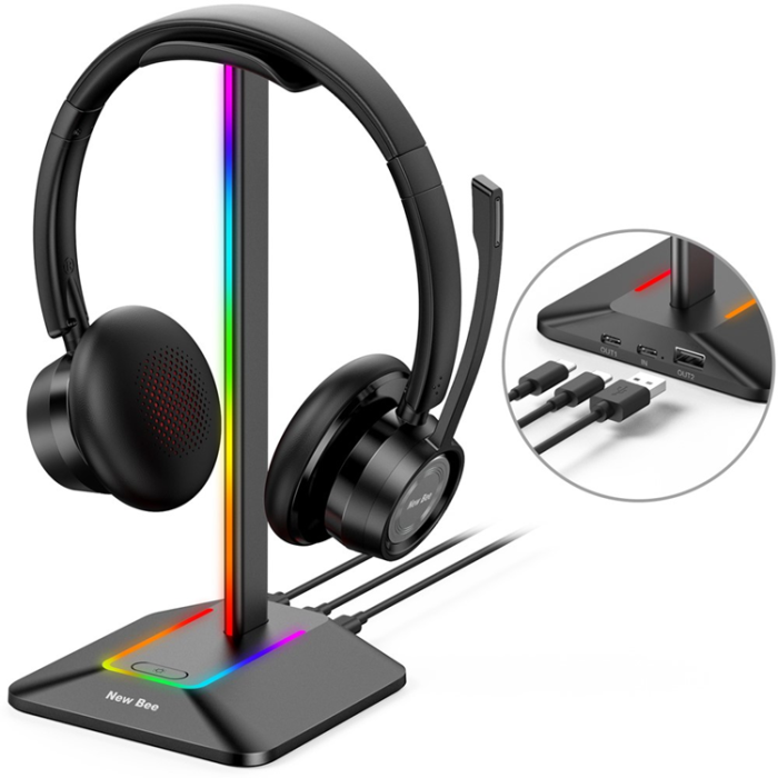 A-One Brand - NEW BEE RGB-Ljus Hörlursställ med USB, Typ-C Expansionshub Z8 - Svart