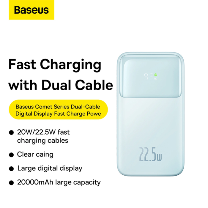 BASEUS - Baseus Powerbank med display 20000mAh 22.5W Comet Series - Blå