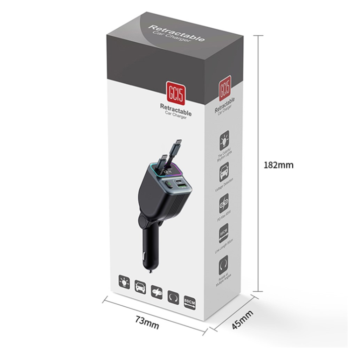 A-One Brand - Billaddare med Dual infällbart USB-C Kabel GC15 - Svart