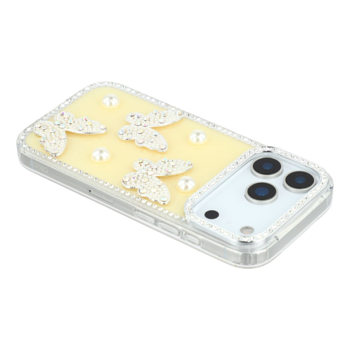 A-One Brand - iPhone 17 Pro Max Mobilskal Rhinestone Edge Pearl Butterfly
