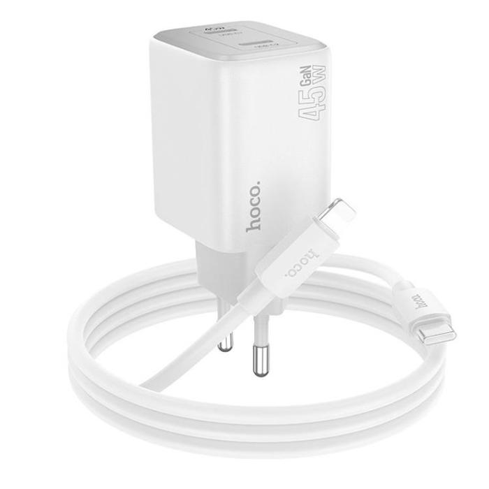 Hoco - Hoco Väggladdare 2xUSB-C 45W + Lightning Kabel GaN N42 - Vit