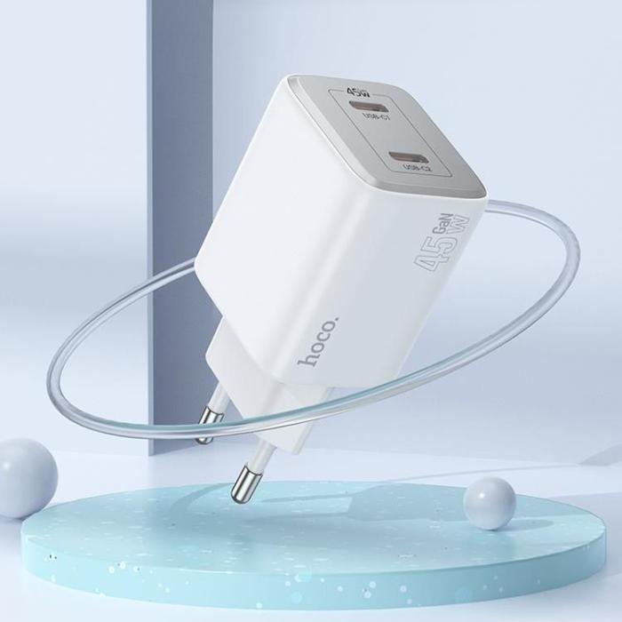 Hoco - Hoco Väggladdare 2xUSB-C 45W + Lightning Kabel GaN N42 - Vit