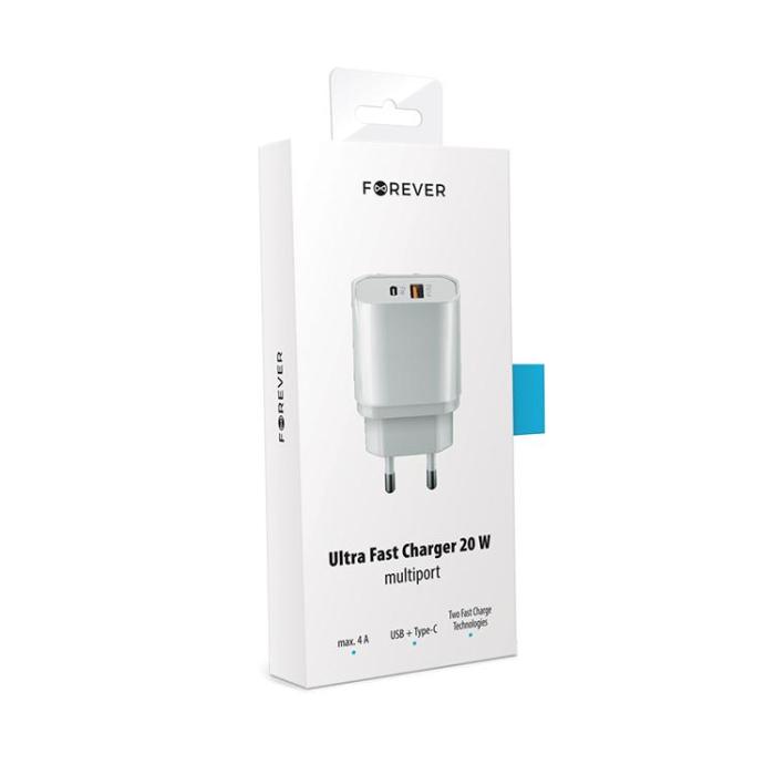 Forever - Forever Snabbladdare 20W 1xUSB-C 1xUSB-A PD QC 3.0 - Vit