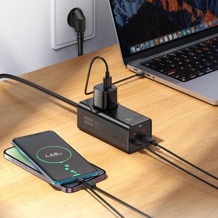 Hoco - Hoco Förlängningssladd 67W 1 uttag 3xTyp-C 1xUSB-A PD QC3.0 3A 2m - Svart