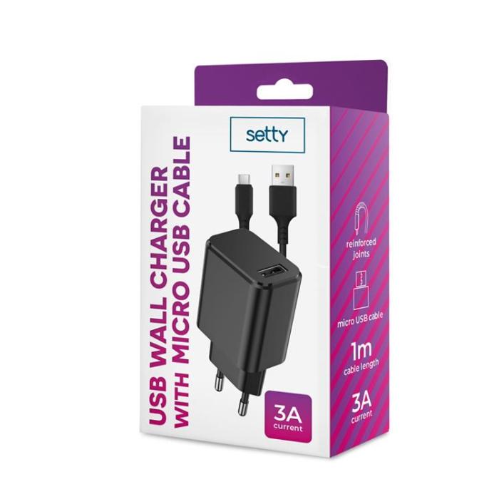 XO - XO Väggladdare USB 3A med MicroUSB 1m Kabel - Svart