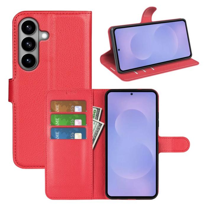 OEM - Litchi Samsung Galaxy S26 Plånboksfodral Konstläder Stötskydd - Röd